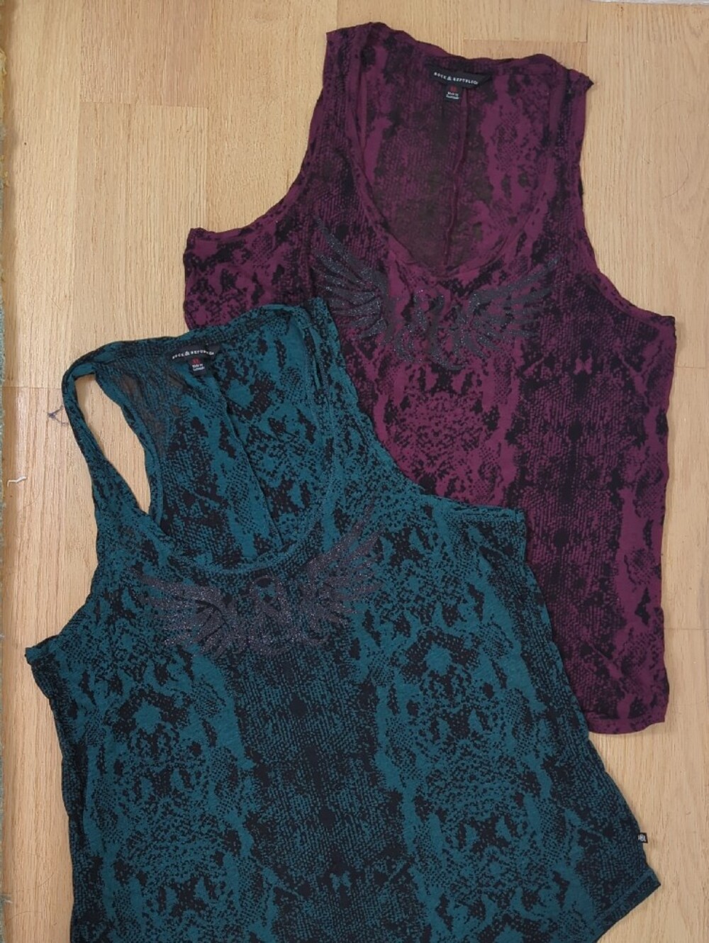 Pair of Rock & Republic Embellished Snakeskin Racerback Tank Tops Teal Maroon